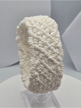 White Beaded Stretch Cuff Bracelet Faux Ostrich Eggshell 1 1/4" Wide Cute